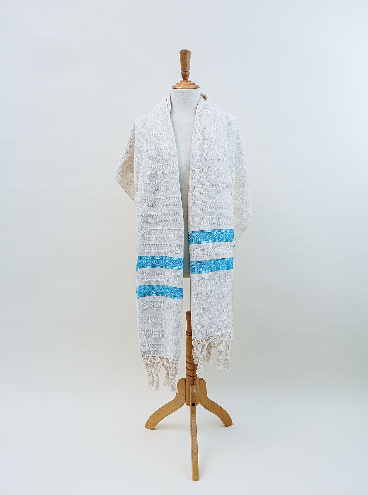 Rebozo Tradicional En Blanco Y Franjas Turquesa