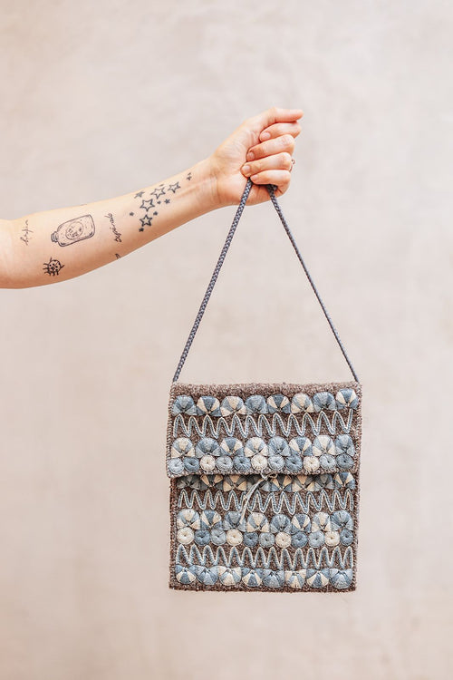 Bolsa Clásica Lana Grande En Gris Y Azul