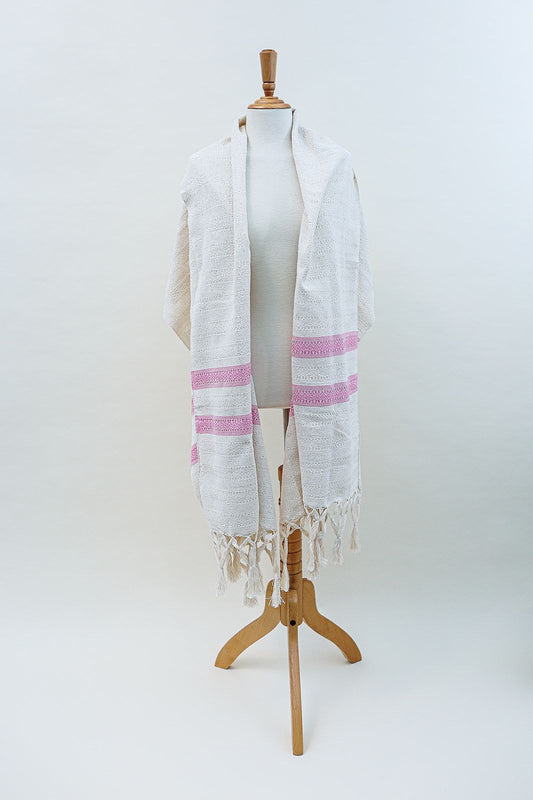 Rebozo Tradicional En Blanco Con Rosa